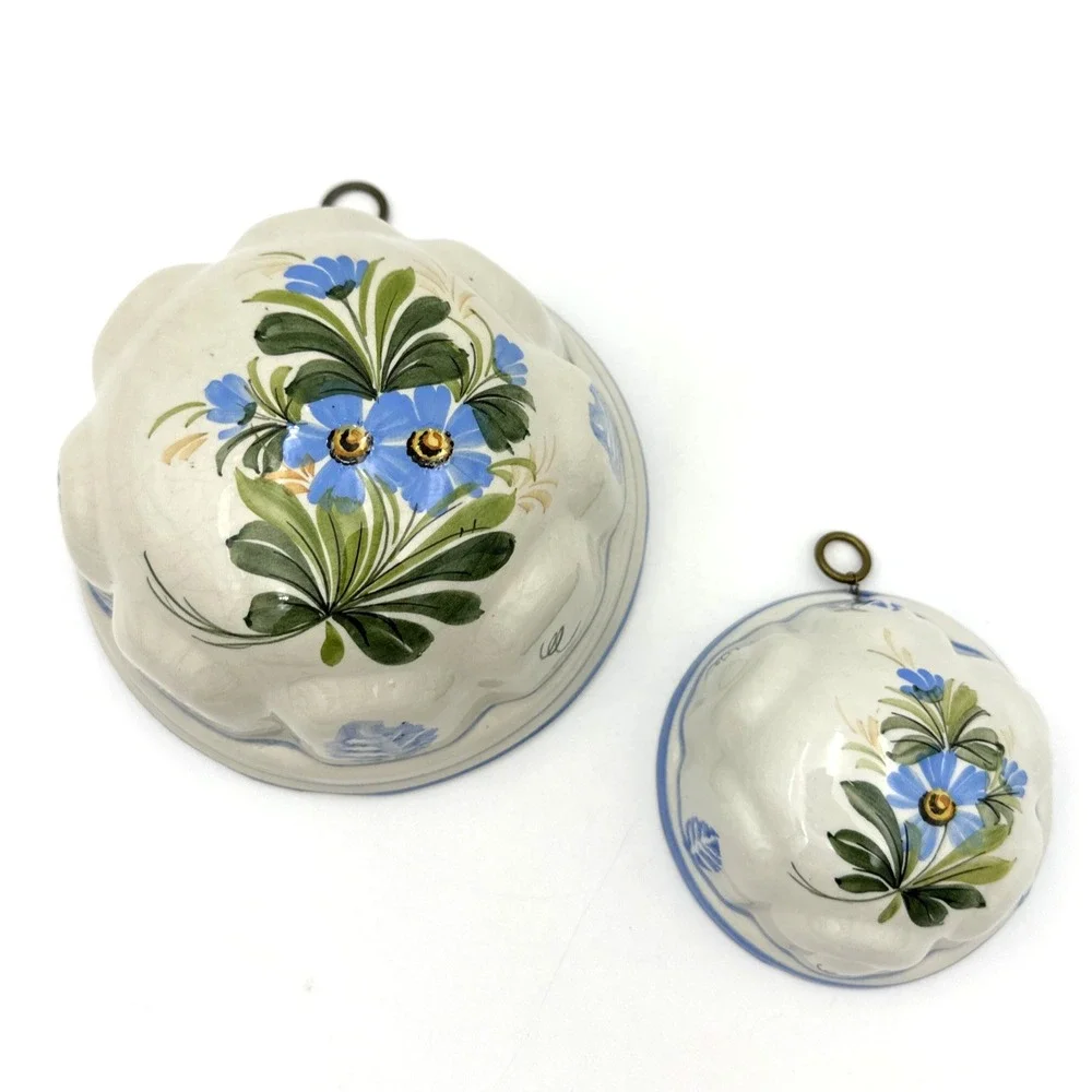 Ceramiche ABC Bassano Italy Mold Set of 2 White Blue Floral Hand Painted Vintage